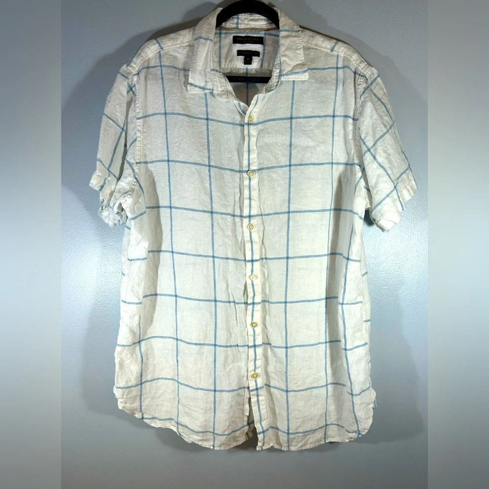 Men’s White & Blue Button Down Short Sleeve Banana Republic 100% Linen XL - Picture 1 of 5